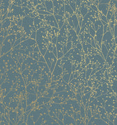 Gypsophila Wallpaper Sample - Airforce Blue & Soft Gold (120384)