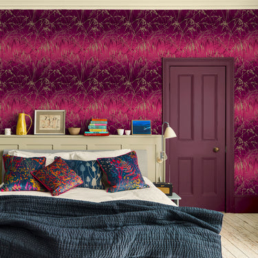 Meadow Grass Wallpaper - Damson & Soft Gold (120396)